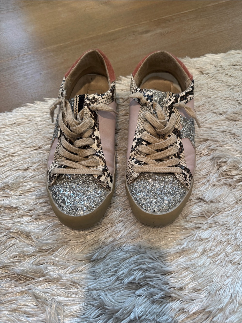 Shu shop Glitter Toe Pink Snake-Print slip on sneakers with laces